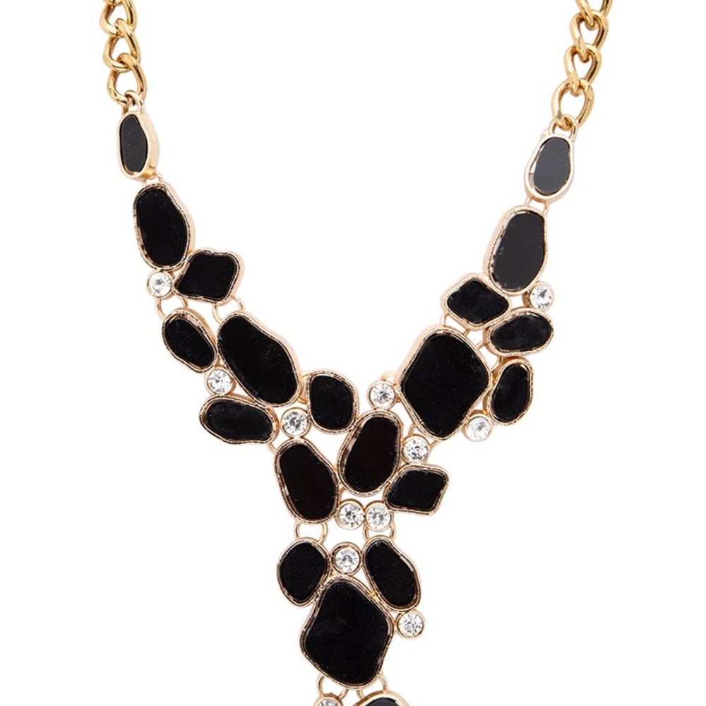 Long Y Gold & Rhinestone Statement Necklace - Picture 5 of 8